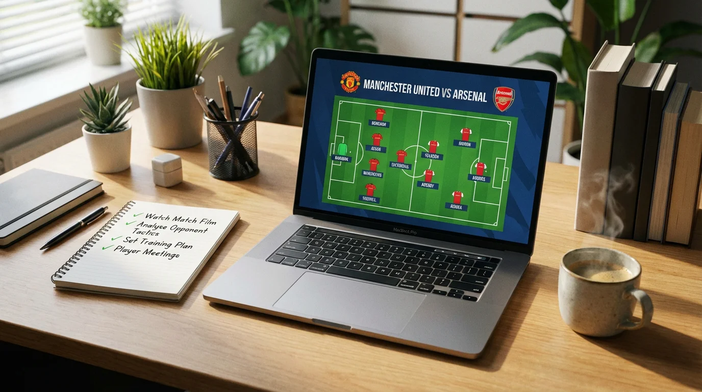 Escritorio con un portátil abierto mostrando alineaciones de fútbol junto a una libreta con un checklist marcado