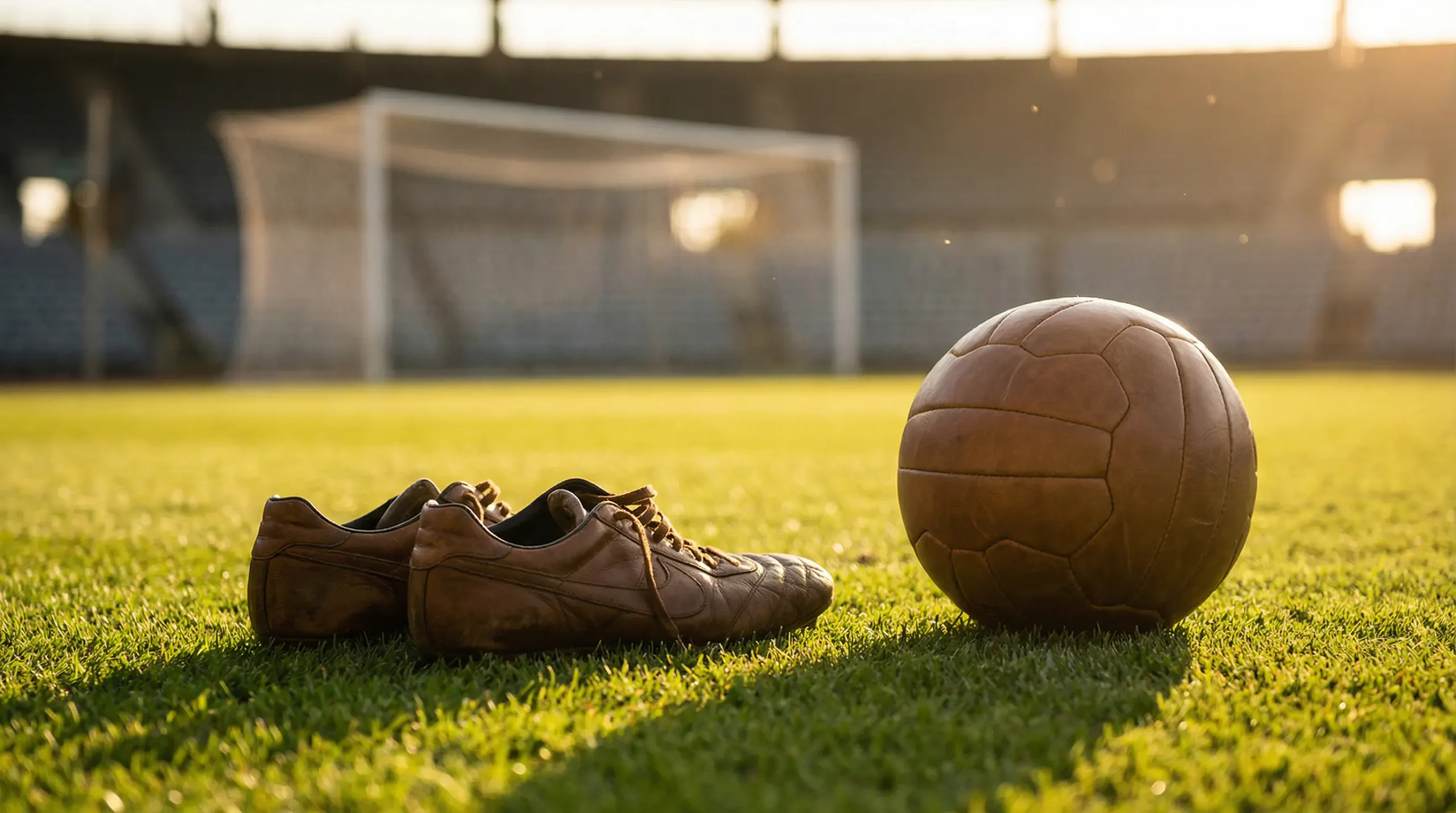 Botas de fútbol y un balón sobre el césped de un estadio de la Bundesliga con la red de la portería al fondo