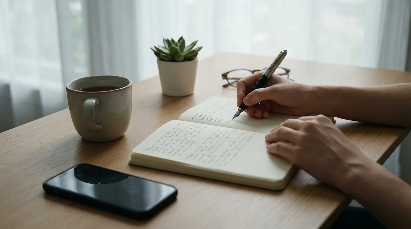 Manos de una persona escribiendo en una libreta junto a un teléfono móvil con la pantalla apagada sobre un escritorio limpio