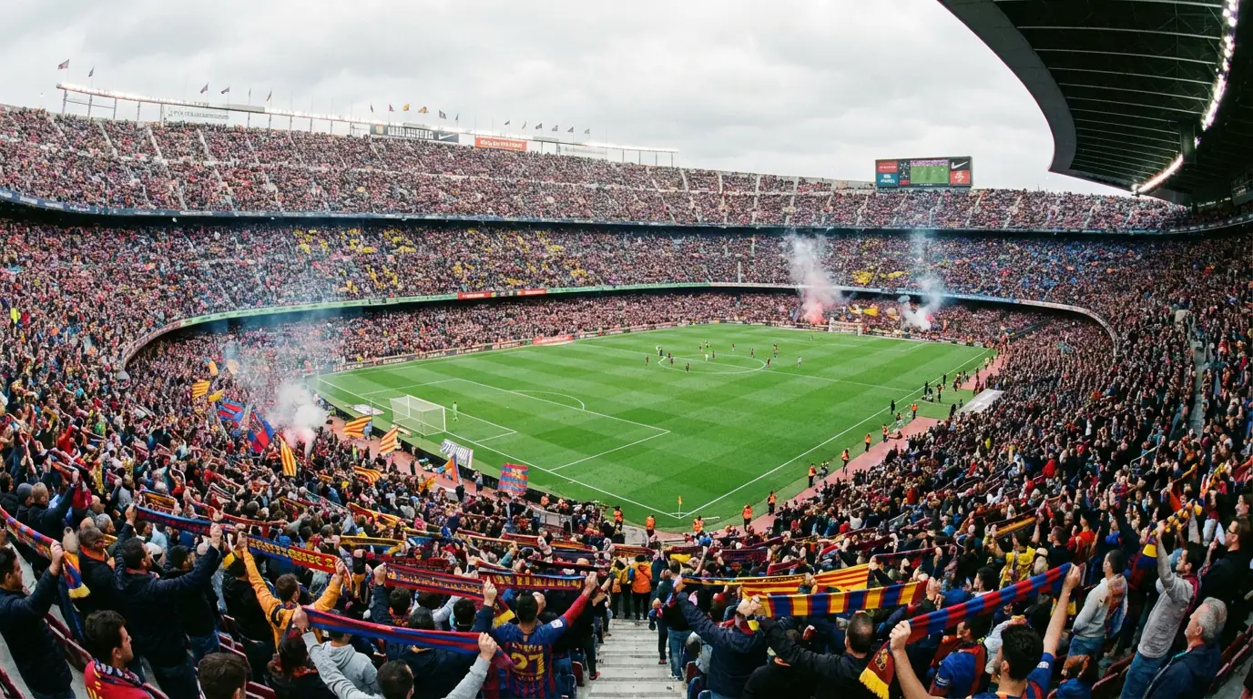 Estadio de fútbol de la Bundesliga completamente lleno de aficionados visto desde una esquina del campo
