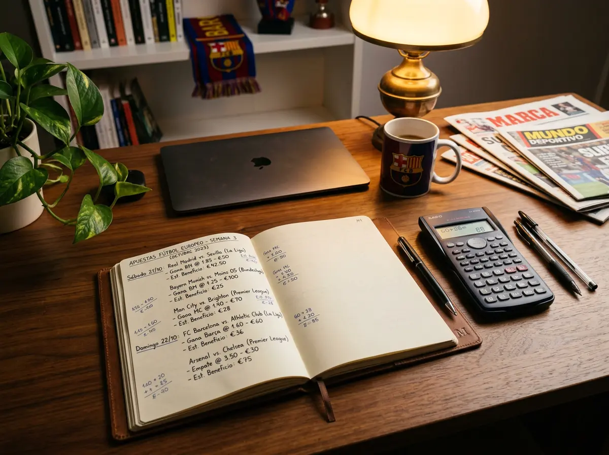 Libreta con anotaciones de registro de apuestas y una calculadora sobre un escritorio ordenado
