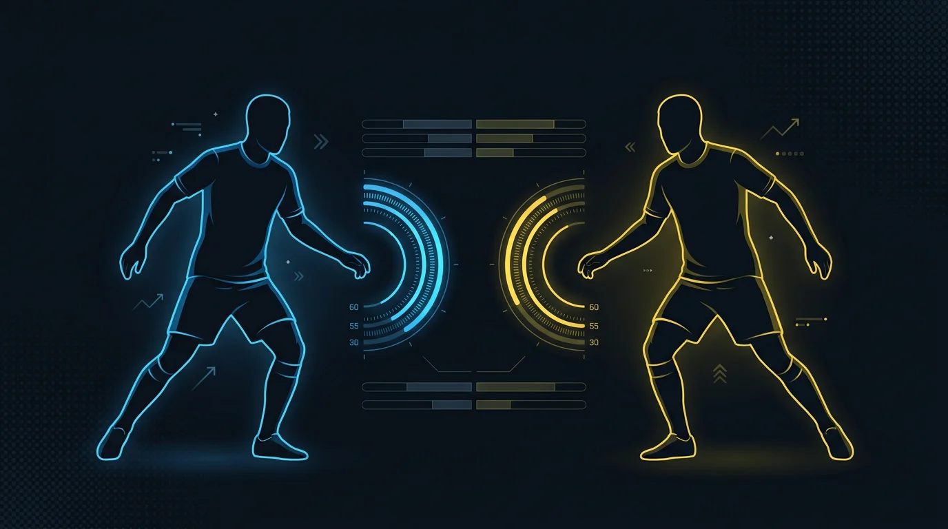 Divu futbolistu silueti ar uzvaras varbūtības rādītājiem un statistikas grafikiem fonā