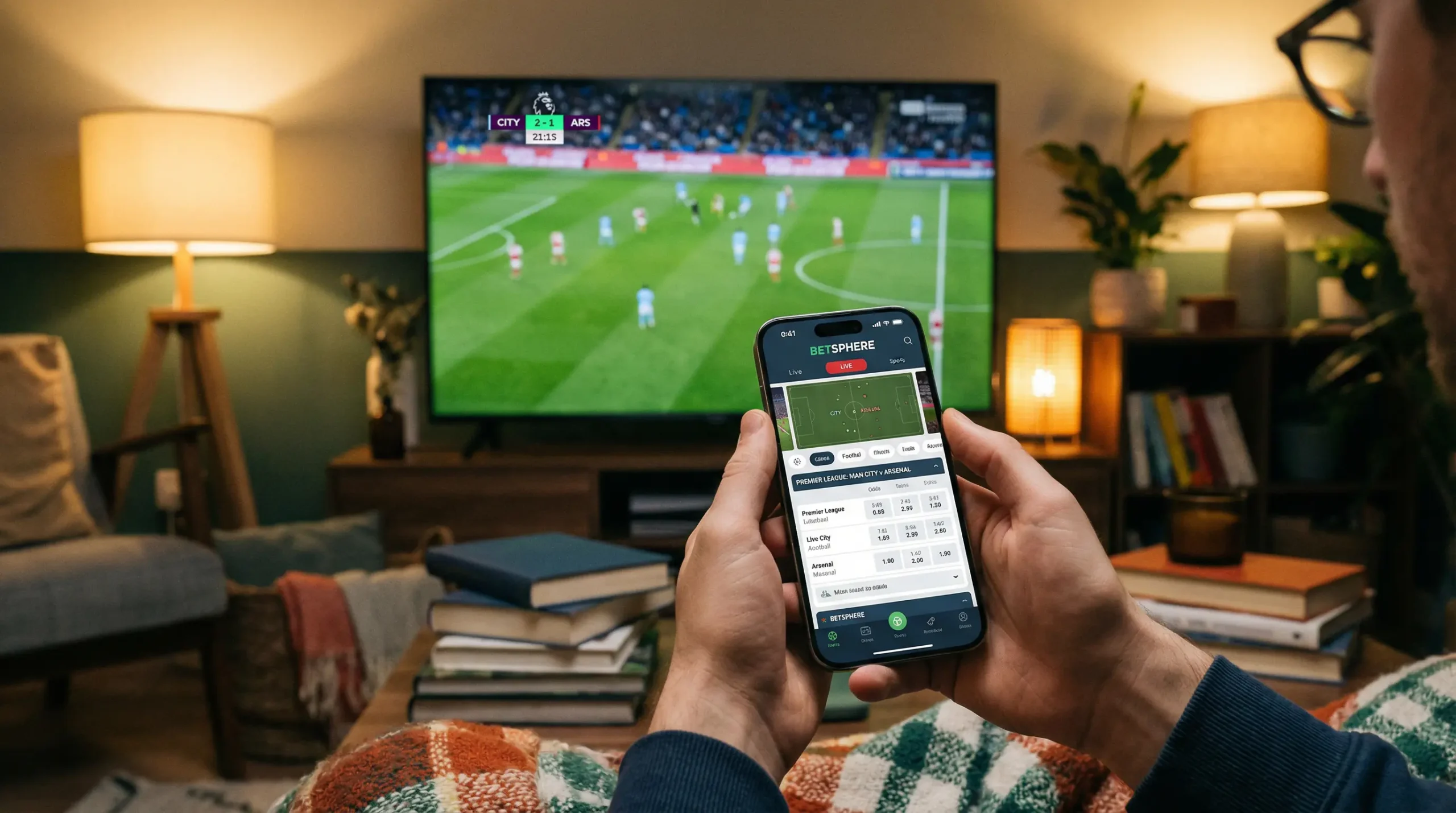 Persona usando un teléfono móvil con una aplicación de apuestas deportivas mientras ve un partido de fútbol en televisión