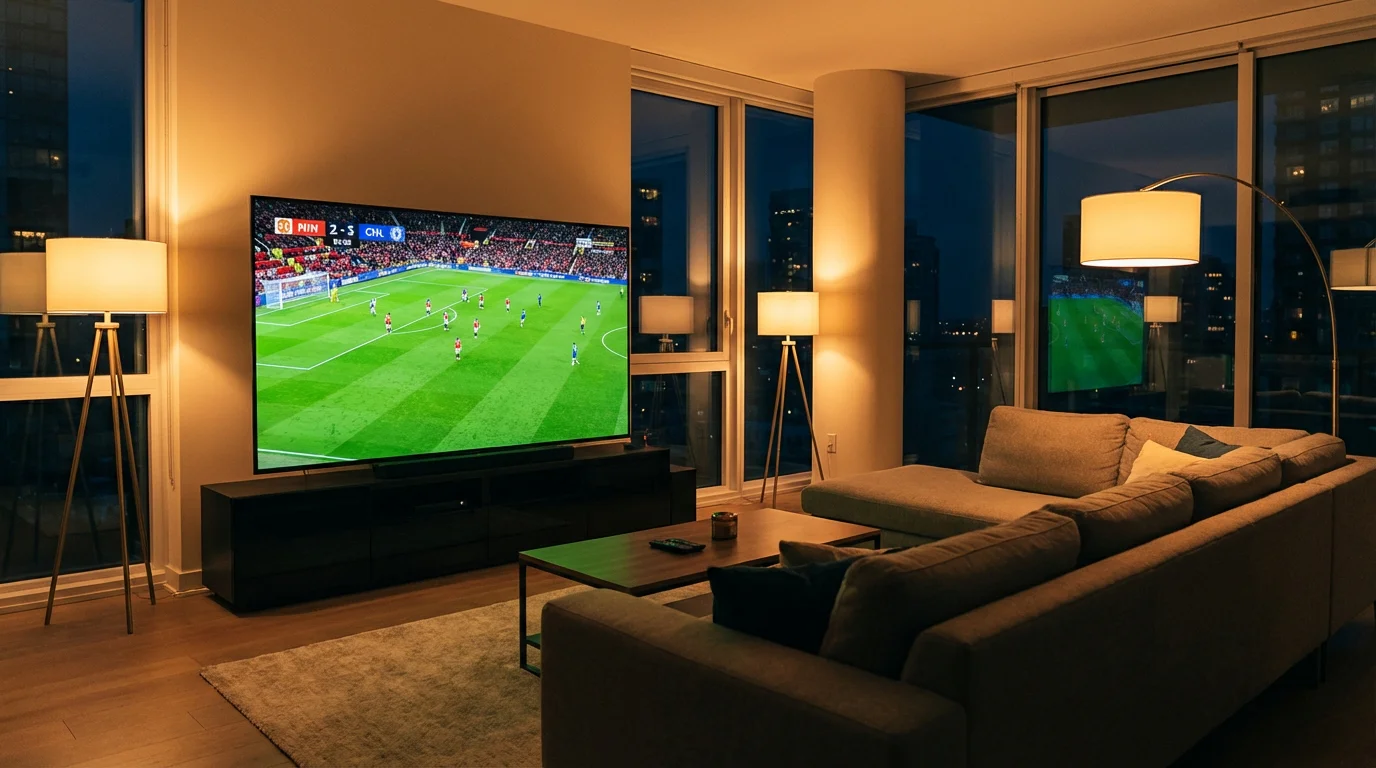 Televisor de pantalla grande mostrando un partido de fútbol de la Bundesliga en un salón moderno