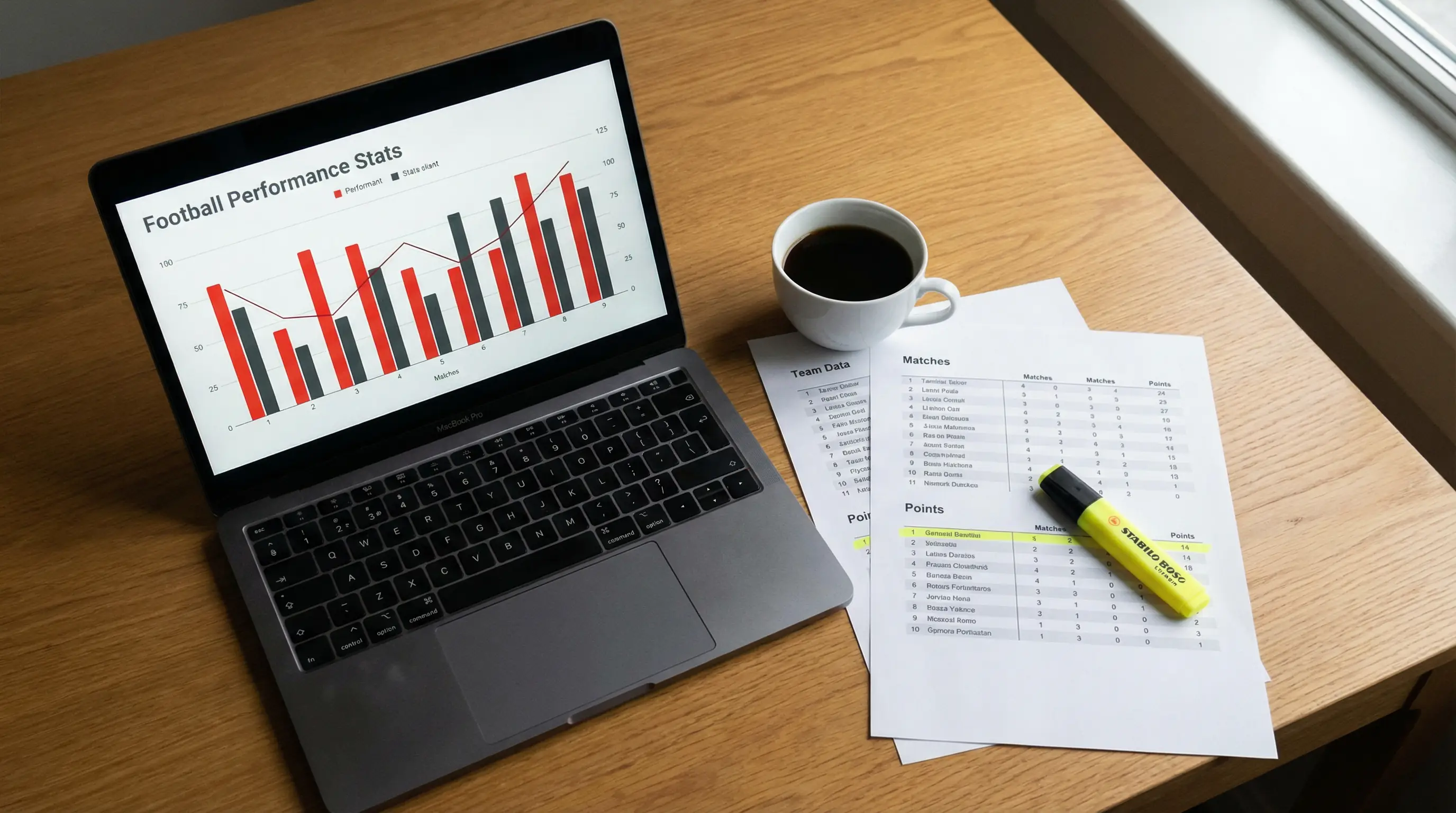 Analista revisando graficos de rendimiento de equipos de la Bundesliga en un monitor