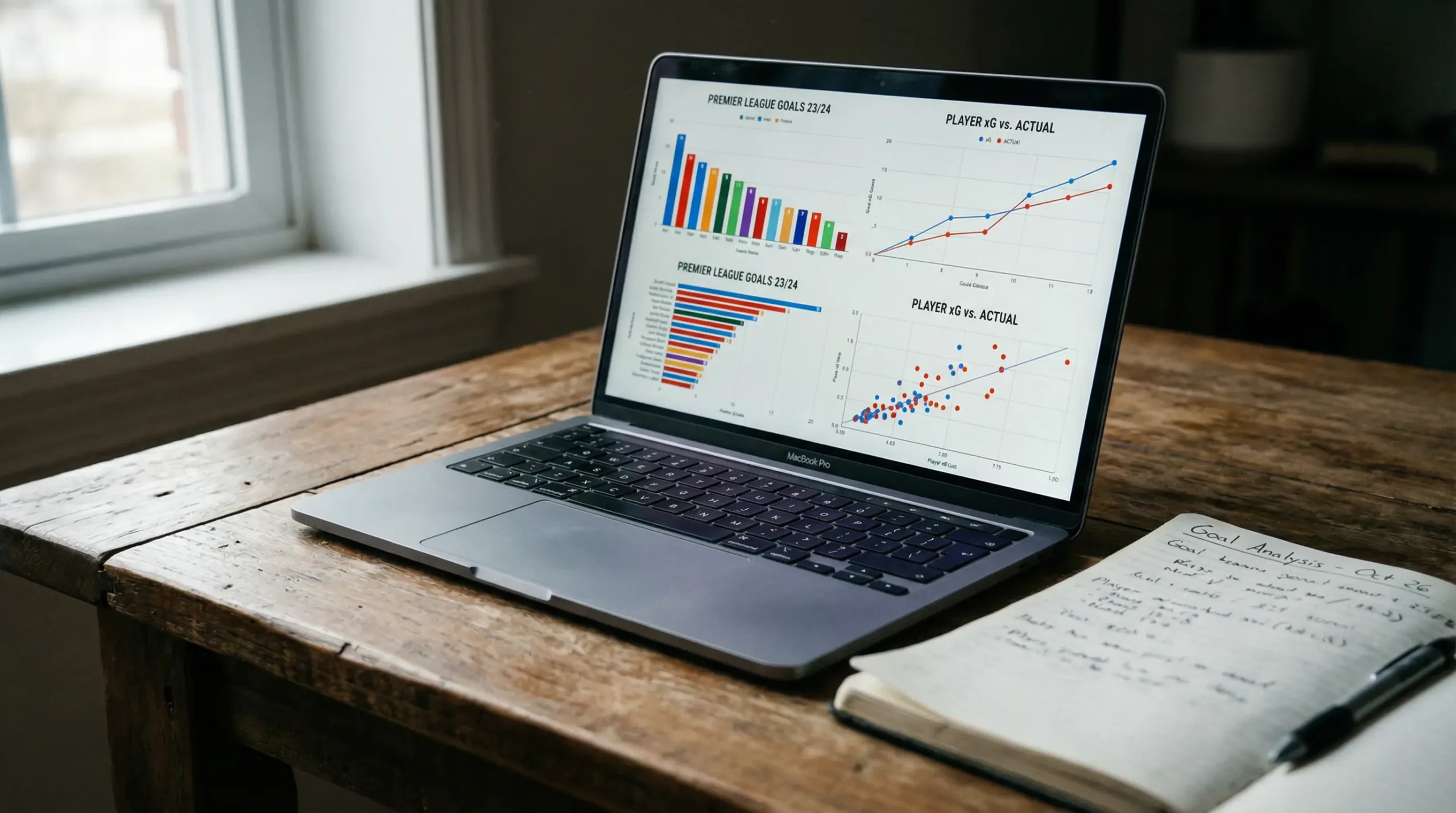 Pantalla de ordenador portátil mostrando gráficos estadísticos de goles de la Bundesliga sobre un escritorio de madera