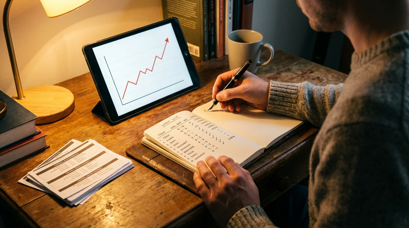 Persona tomando notas sobre estrategia de apuestas con un cuaderno y datos de partidos de futbol en la pantalla