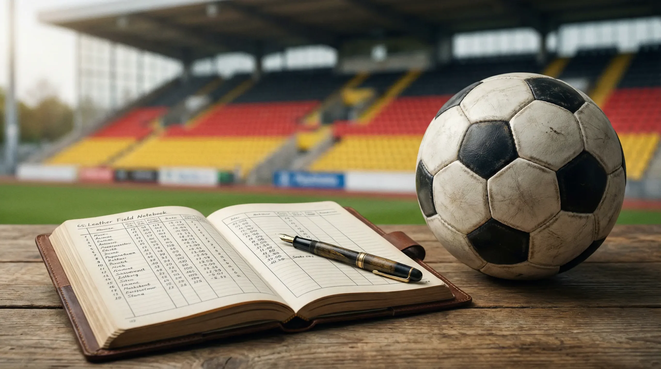 Estrategia de apuestas en la Bundesliga: cuaderno de registro junto a un campo de fútbol alemán