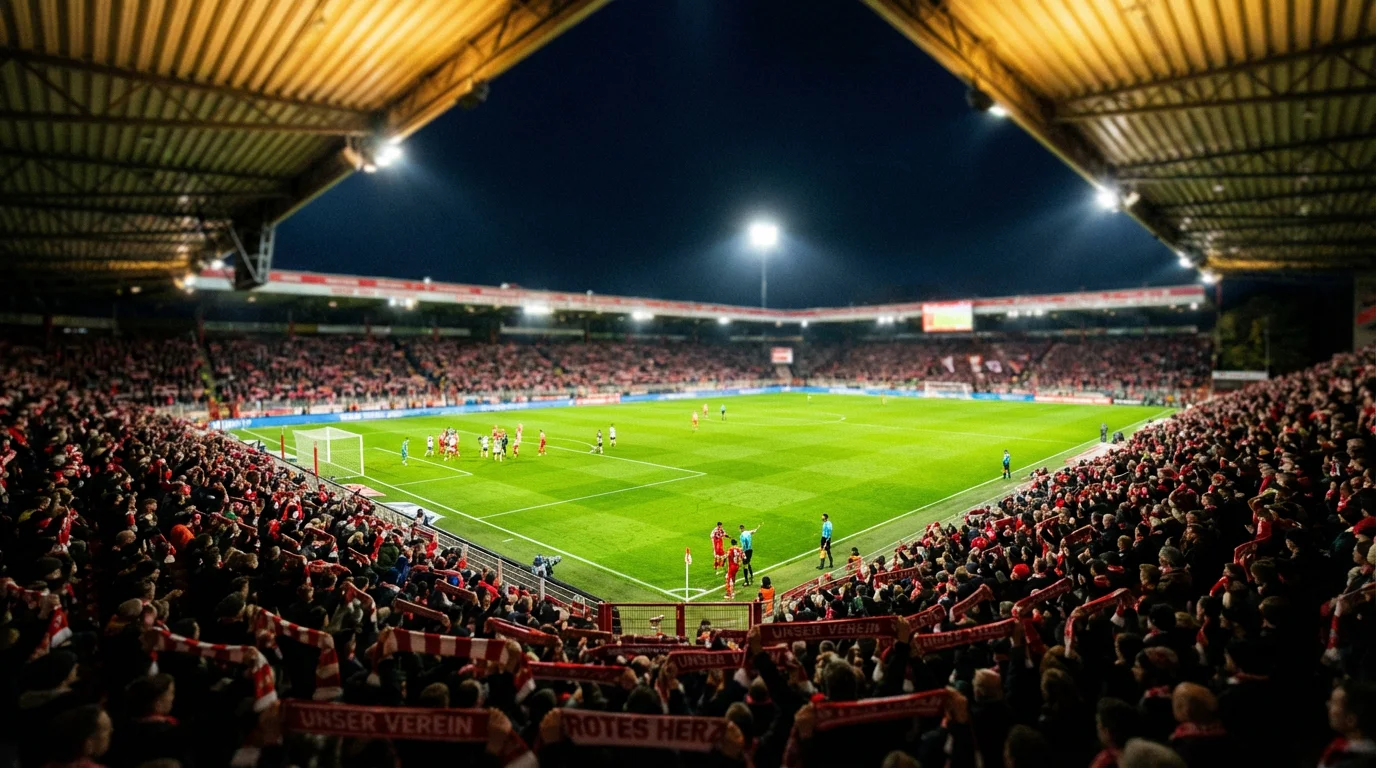 Estadio de la Bundesliga durante un partido nocturno con las gradas iluminadas