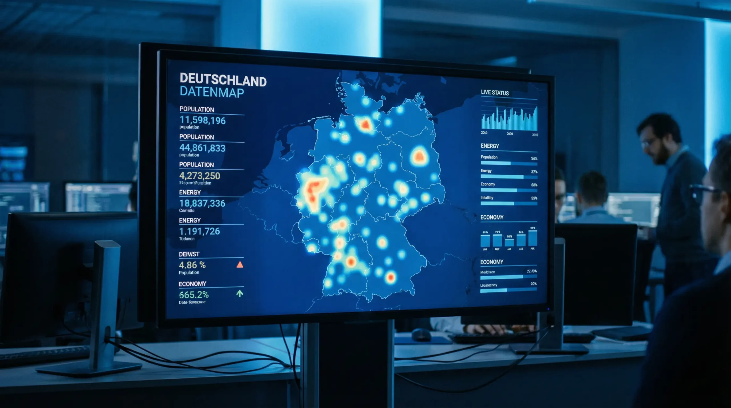 Mapa de Alemania en una pantalla digital con indicadores de datos del mercado de apuestas deportivas