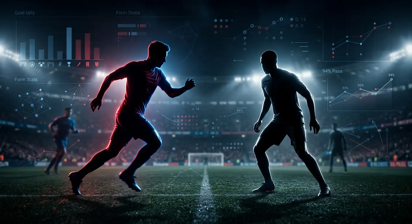 Divu futbolistu silueti — viens skandināvu sarkanzilā, otrs baltā — ar statistikas grafikiem fonā