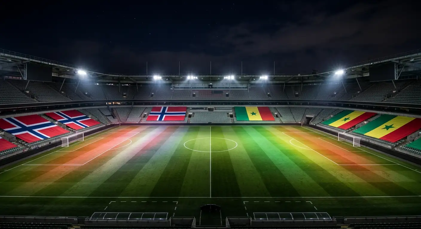 Futbola laukums naktī ar Norvēģijas un Senegālas izlašu karogu krāsām un prožektoru gaismu