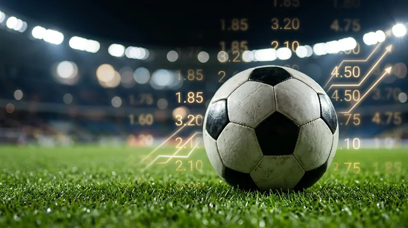 Futbola bumba uz zaļa laukuma ar spožām prožektoru gaismām un izslēgšanas kārtas koeficientu grafiku fonā