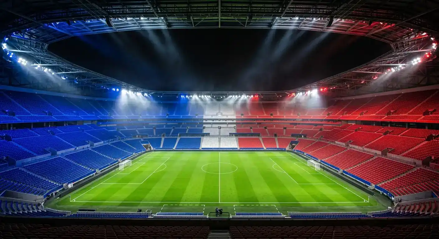 Futbola stadions naktī ar Francijas trīskrāsu apgaismojumu un dramatisku prožektoru gaismu virs zaļā laukuma