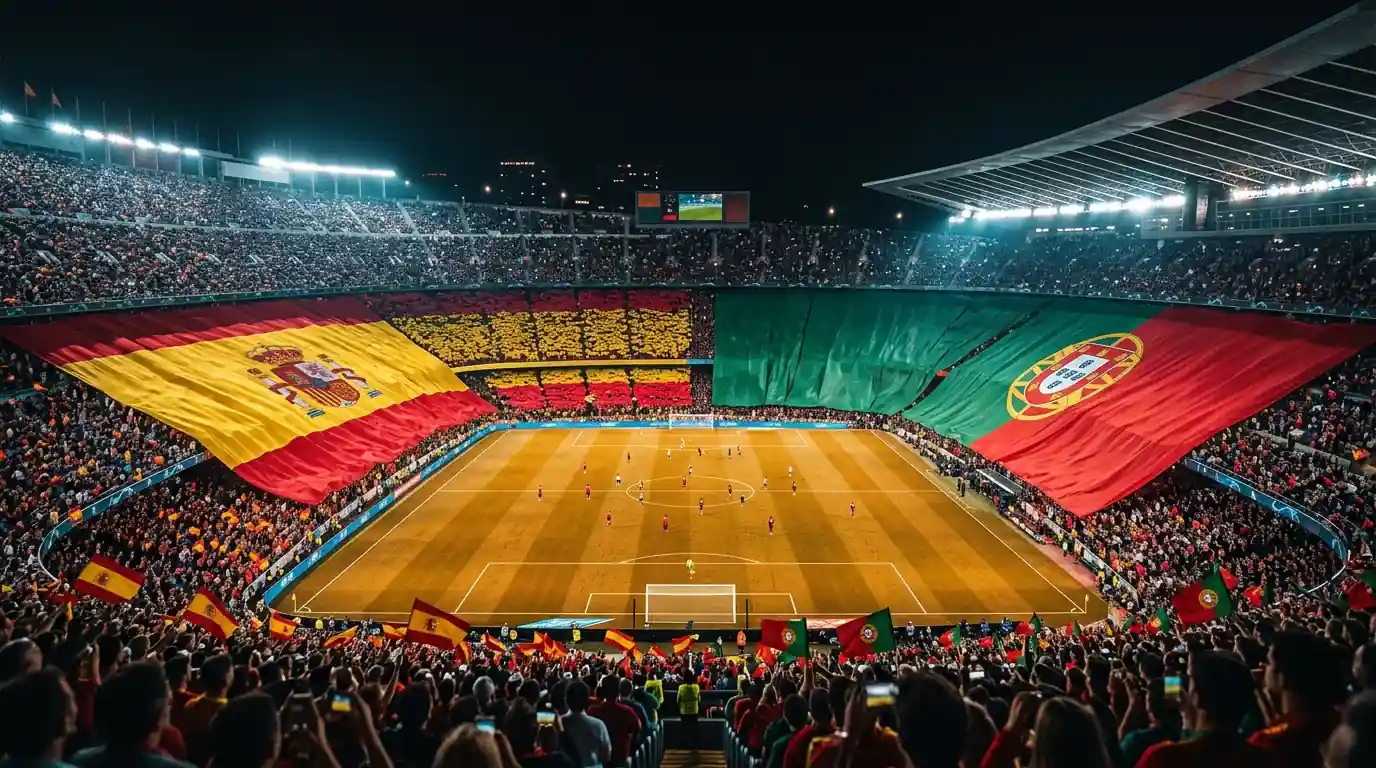 Futbola laukums ar Spānijas un Portugāles karogu krāsām un Spānijas zelta 