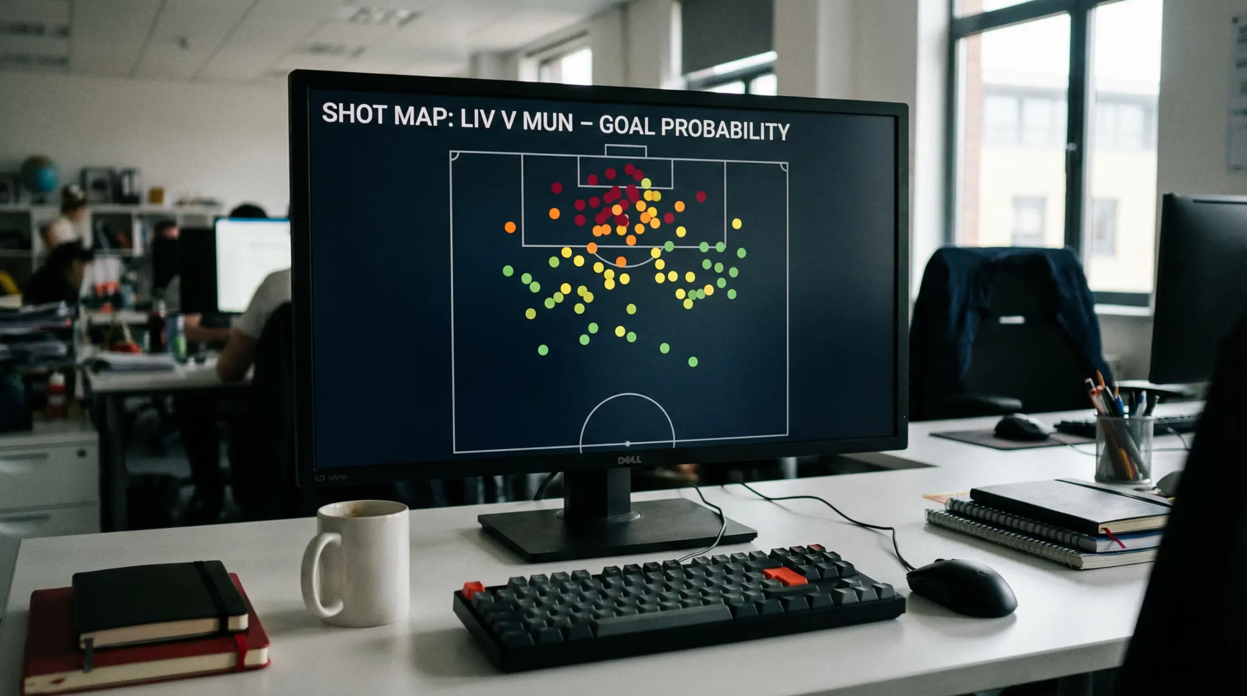Monitor de ordenador mostrando un mapa de tiros (shot map) de un partido de fútbol con zonas de probabilidad de gol